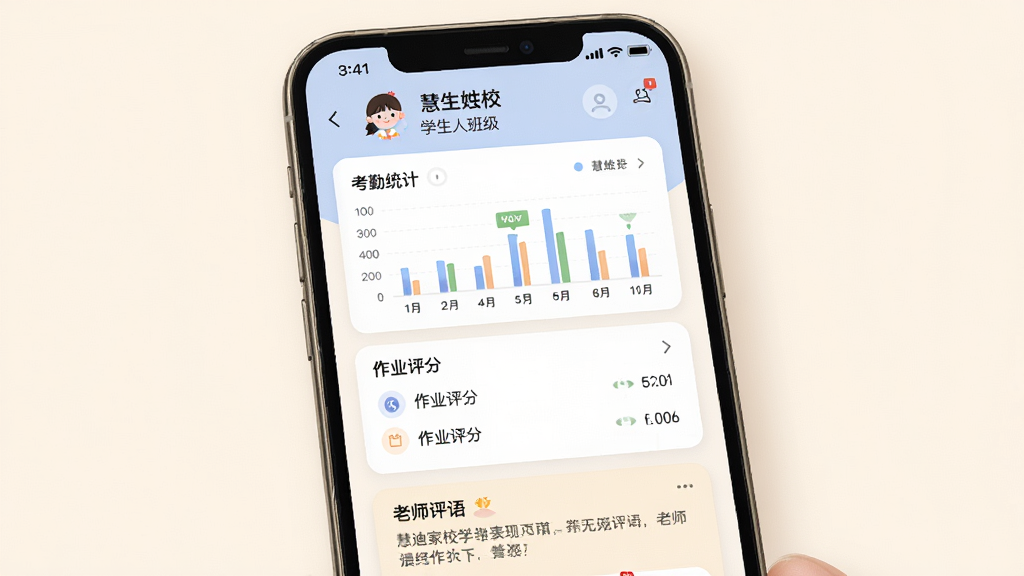慧迪家校学生表现页面展示,主体为手机屏幕显示学生个人档案页面,包含考勤统计图表、作业评分列表和老师评语区域,布局为上下滚动式卡片排列,风格温和亲切,细节上页面顶部显示学生姓名与班级,画质高清,画面干净,无多余元素