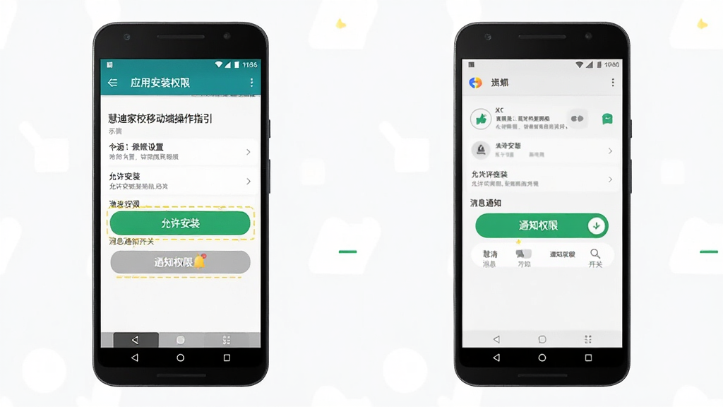 慧迪家校移动端操作指引示意图,主体为一部安卓手机展示应用安装权限设置界面与消息通知开关,布局为左右对比展示,风格简洁教程风,细节上屏幕中高亮显示“允许安装”和“通知权限”按钮,画质高清,画面干净,无多余元素