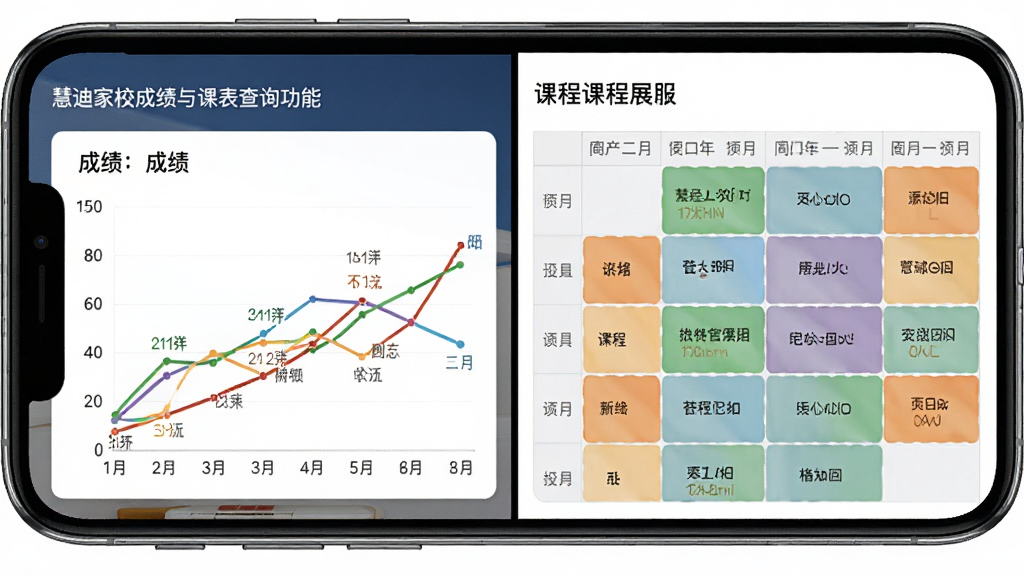 慧迪家校成绩与课表查询功能展示,主体为手机屏幕分屏显示成绩折线图和课程表网格,布局左右分栏,风格专业简洁,细节上成绩图用彩色线条标注各科目,课表用不同色块区分课程,画质高清,画面干净,无多余元素