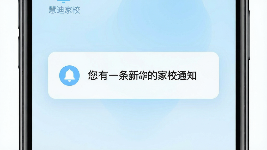 慧迪家校通知功能界面展示,主体为手机屏幕特写,屏幕中央弹出“您有一条新的家校通知”提示卡片,背景为淡蓝色渐变,布局居中突出通知卡片,风格清新明快,细节上卡片带有小铃铛图标和“慧迪家校”文字标识,画质清晰,画面干净,无多余元素