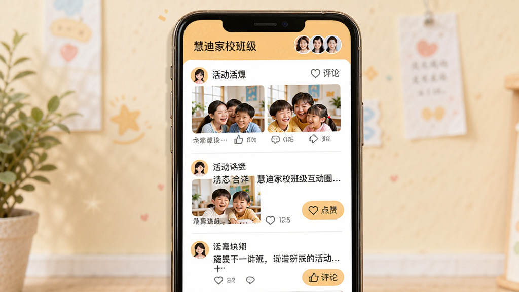 慧迪家校班级互动圈界面展示,主体为手机屏幕呈现班级动态信息流,包含活动照片缩略图、点赞评论按钮和文字动态,布局为垂直列表,风格活泼温馨,细节上顶部有班级名称和成员头像,画质清晰,画面干净,无多余元素