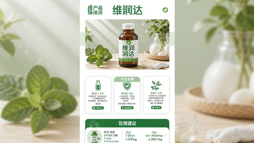 主体为维润达应用的产品详情页面,布局为上方产品名称与图片、中间成分与功效说明卡片、下方饮用建议区域。排版为纵向滚动式,风格为清新健康风,细节包括绿色与白色搭配、图标点缀、文字层次分明。画质高清,干净,无多余元素,画面中文字标注“维润达”。