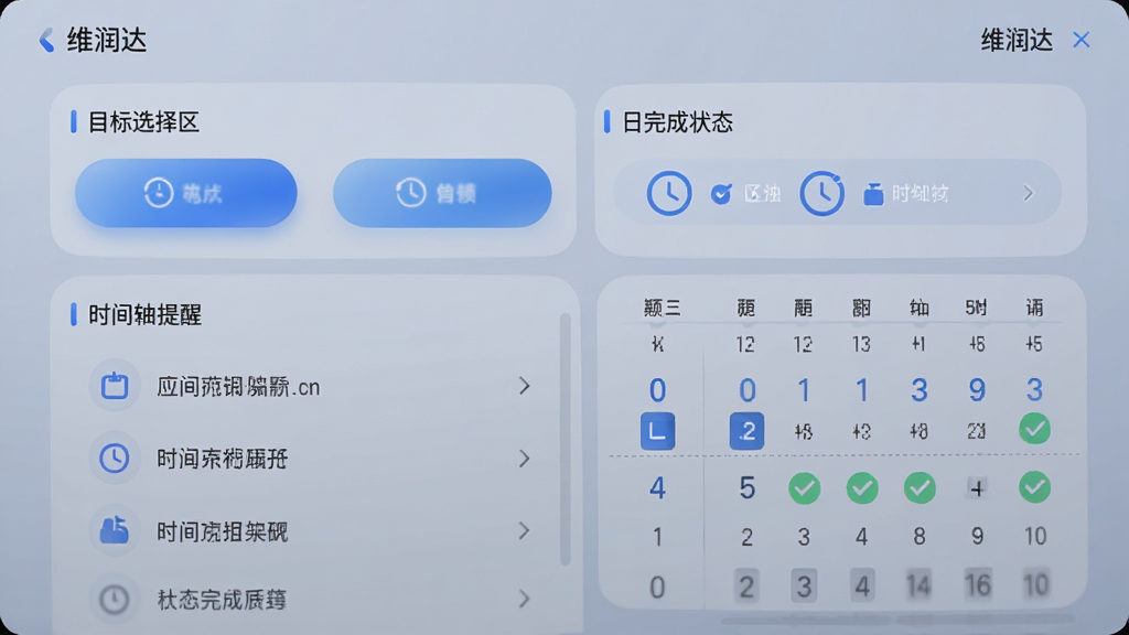 主体为维润达应用的饮用计划设置界面,布局为上方目标选择区、中间时间轴提醒列表、下方日历完成状态。排版为分栏式,风格为柔和科技风,细节包括蓝色渐变按钮、时间图标、打勾标记。画质高清,干净,无多余元素,画面中文字标注“维润达”。
