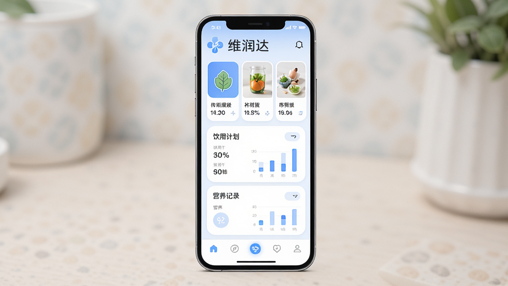 主体为一部智能手机,屏幕上显示维润达应用首页界面,布局为顶部品牌Logo与产品展示卡片,中间为饮用计划与营养记录模块,底部为导航栏。排版采用上下结构,风格为现代简约健康风,细节包括柔和的蓝白配色、圆角卡片、营养图标与数据图表。画质高清,干净,无多余元素。