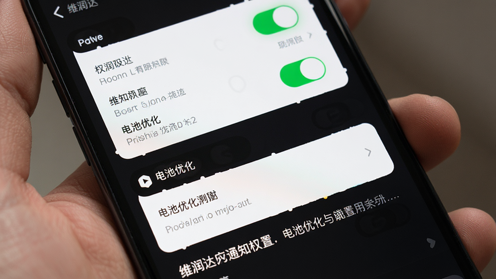 主体为手机屏幕展示维润达应用的通知权限设置与电池优化界面,布局为上方权限开关列表、中间电池优化选项、下方提示文字。排版为设置页风格,风格为简洁系统风,细节包括绿色开关按钮、灰色说明文字、圆角卡片。画质高清,干净,无多余元素,画面中文字标注“维润达”。
