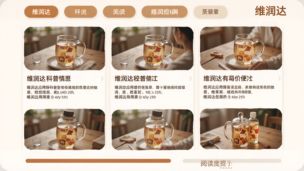 主体为维润达应用的科普文章列表页,布局为上方分类标签、中间图文卡片列表、下方阅读进度提示。排版为瀑布流式,风格为杂志阅读风,细节包括暖色调、圆角图片、标题摘要层次。画质高清,干净,无多余元素,画面中文字标注“维润达”。
