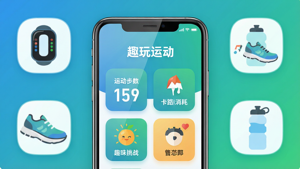 主体为一部智能手机,屏幕显示“趣玩运动”APP主界面,界面中有运动步数、卡路里消耗、趣味挑战图标等元素;布局为手机居中放置,周围环绕运动手环、跑鞋、水杯等简约图标;排版清晰,主体突出;风格为扁平化科技风,配色以蓝绿渐变为主,干净清爽;细节上手机屏幕有轻微反光,图标边缘圆润;画质高清,画面干净,无多余元素。
