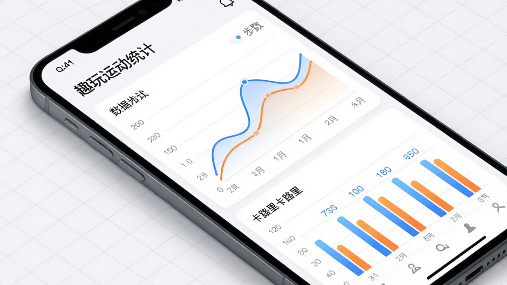 主体为“趣玩运动”APP的数据统计页面,屏幕中展示折线图与柱状图,显示步数和卡路里数据;布局为手机斜放,背景有淡淡的网格线;排版简洁,数据图表占据屏幕主要位置;风格为现代简约科技风,配色以白色背景搭配蓝色、橙色数据线;细节上图表线条平滑,数字清晰;画质高清,画面干净,无多余元素。