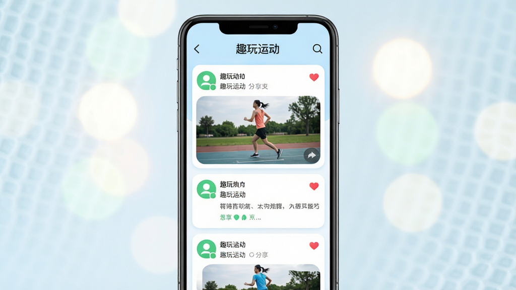 主体为“趣玩运动”APP的社区页面,屏幕显示用户动态列表,有运动照片和文字分享;布局为手机竖屏展示,背景有柔和的圆形光斑;排版清晰,动态卡片之间有分割线;风格为清新社交风,配色以浅蓝、白色为主,点缀绿色;细节上头像圆润,点赞图标为红色爱心;画质高清,画面干净,无多余元素。