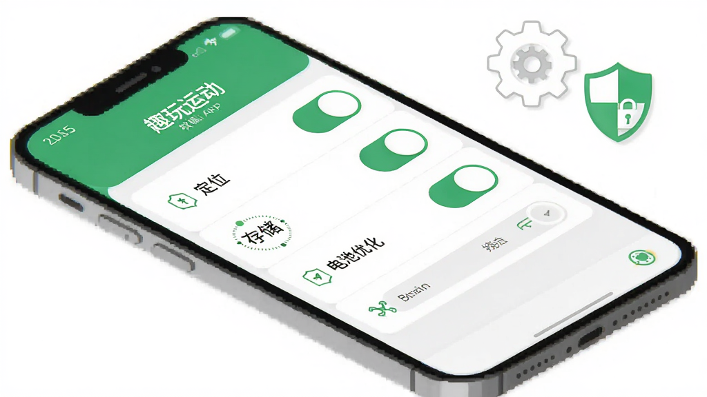 主体为“趣玩运动”APP在手机上的权限设置界面,屏幕显示定位、存储、电池优化等权限开关;布局为手机侧放,旁边有齿轮和盾牌图标;排版清晰,开关按钮醒目;风格为扁平化工具风,配色以白色、绿色为主;细节上开关有高亮状态,文字清晰;画质高清,画面干净,无多余元素。
