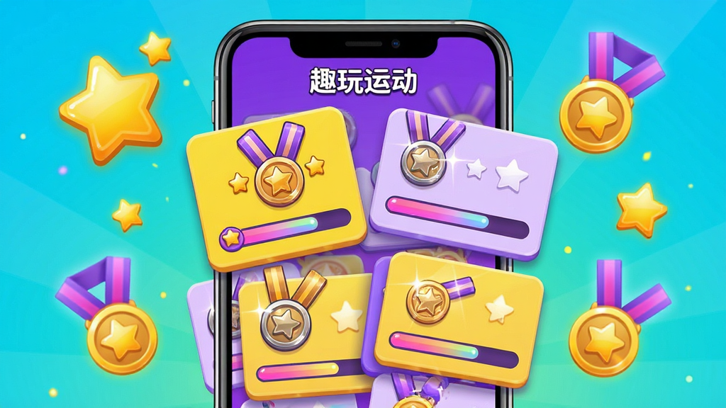主体为“趣玩运动”APP的挑战页面,屏幕显示多个挑战卡片,卡片上有勋章图案和进度条;布局为手机正放,周围漂浮着金色的星星和奖牌图标;排版活泼,卡片错落有致;风格为卡通游戏化风格,配色鲜艳明快,以黄色、紫色为主;细节上勋章有金属光泽,进度条有渐变效果;画质高清,画面干净,无多余元素。