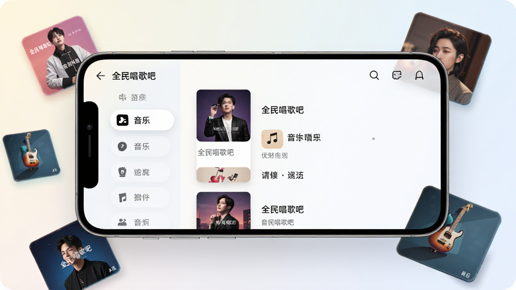 一部手机横屏展示,屏幕中呈现音乐曲库列表界面,左侧有分类标签栏,右侧为歌曲封面与歌名排列,背景为浅色渐变,主体为手机与漂浮的专辑封面方块,布局采用三分法构图,风格清新明快,细节包括圆角卡片与阴影层次,画质高清,干净无杂乱元素,图片中文字标注“全民唱歌吧”
