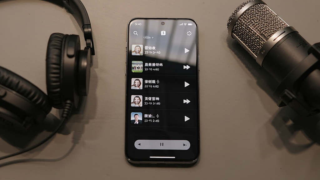 手机屏幕显示录音作品管理界面,列表中有多条录音条目,每条包含歌曲名、录制时间与播放按钮,手机旁边放置一副耳机与一个麦克风,背景为暖灰色桌面,布局为手机居中、配件环绕,风格生活化写实,细节包括屏幕反光与按钮质感,画质清晰,画面干净