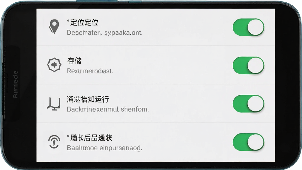 往约管理版安装设置引导图,画面展示一部安卓手机屏幕显示权限设置页面,页面中列出定位、存储、通知、后台运行等权限开关,其中通知与后台运行开关处于开启状态并用高亮色标注,布局为垂直列表,风格为系统设置界面风格,细节包含权限图标与说明文字,画质清晰,干净,无多余元素