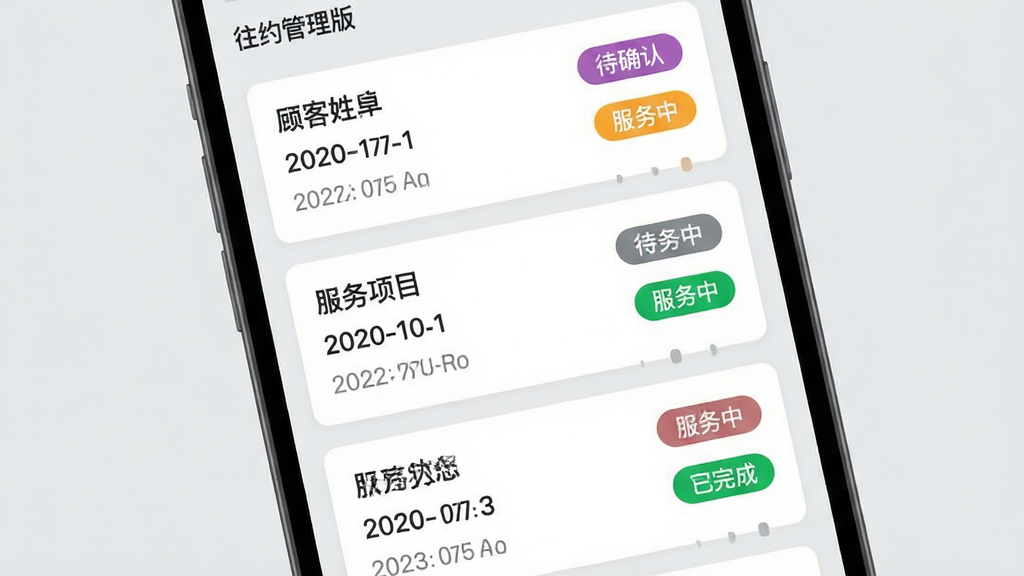 往约管理版功能界面,画面展示一部手机屏幕内订单列表页面,每条订单以卡片形式呈现,卡片上标注顾客姓名、预约时间、服务项目与当前状态标签,状态标签用不同颜色区分待确认、服务中、已完成,背景为浅灰色,布局为垂直列表排版,风格为扁平化移动端设计,细节包含状态色块与时间轴元素,画质清晰,干净,无多余元素