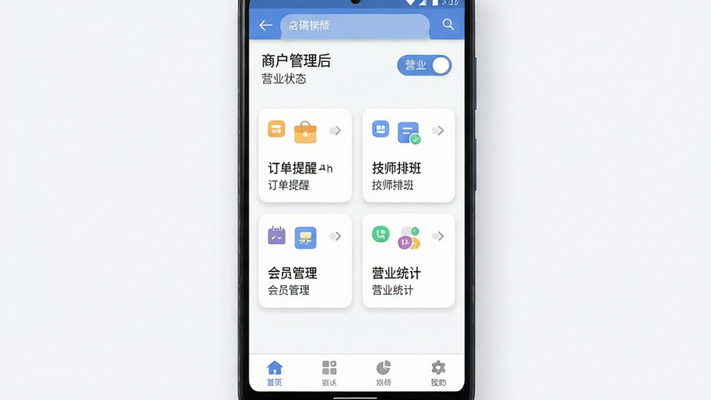 往约管理版手机端界面展示,画面中央一部安卓手机竖屏显示商户管理后台首页,顶部为店铺名称与营业状态切换按钮,中部排列订单提醒、技师排班、会员管理、营业统计四个功能卡片,底部为导航栏,整体布局清晰,排版采用卡片式分区,风格为现代简约商务风,细节包含柔和阴影与圆角图标,画质清晰,干净,无多余元素