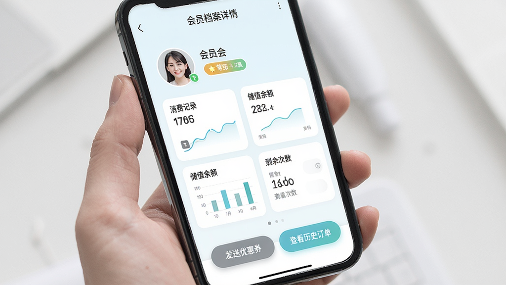 往约管理版会员管理界面,画面展示手机屏幕中会员档案详情页,顶部为会员头像与等级标签,中部显示消费记录、储值余额、剩余次数等信息卡片,底部为发送优惠券与查看历史订单按钮,布局为上下结构,风格为清新浅色移动端设计,细节包含数据图表与圆角按钮,画质清晰,干净,无多余元素