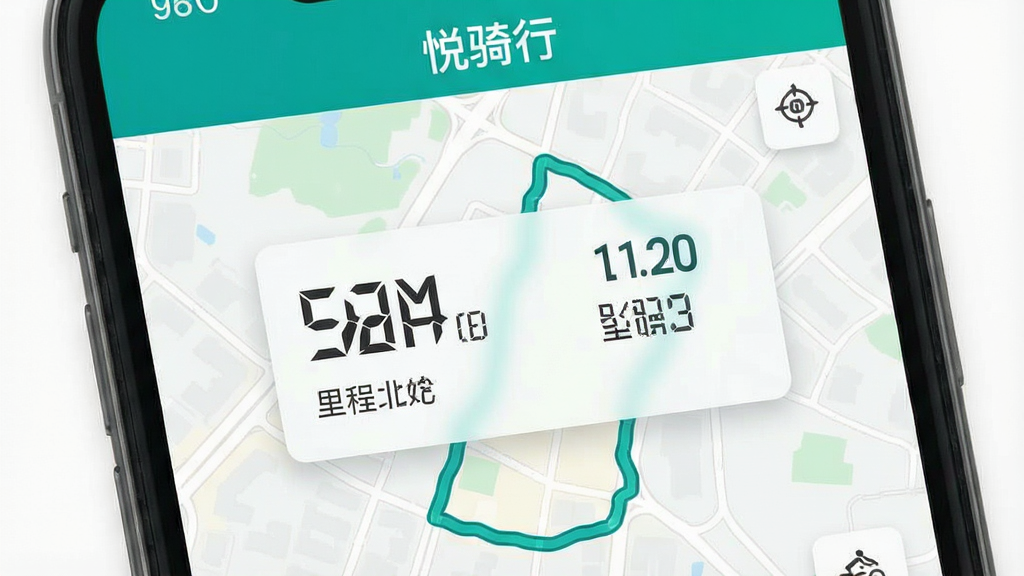 一张手机屏幕展示骑行轨迹地图的界面截图,画面中央是带有速度与里程数据的半透明卡片,背景为浅色城市道路地图,界面风格清爽简约,主色调为白色与青绿色,屏幕上方有“悦骑行”字样,整体布局干净有序,画质清晰,无多余元素