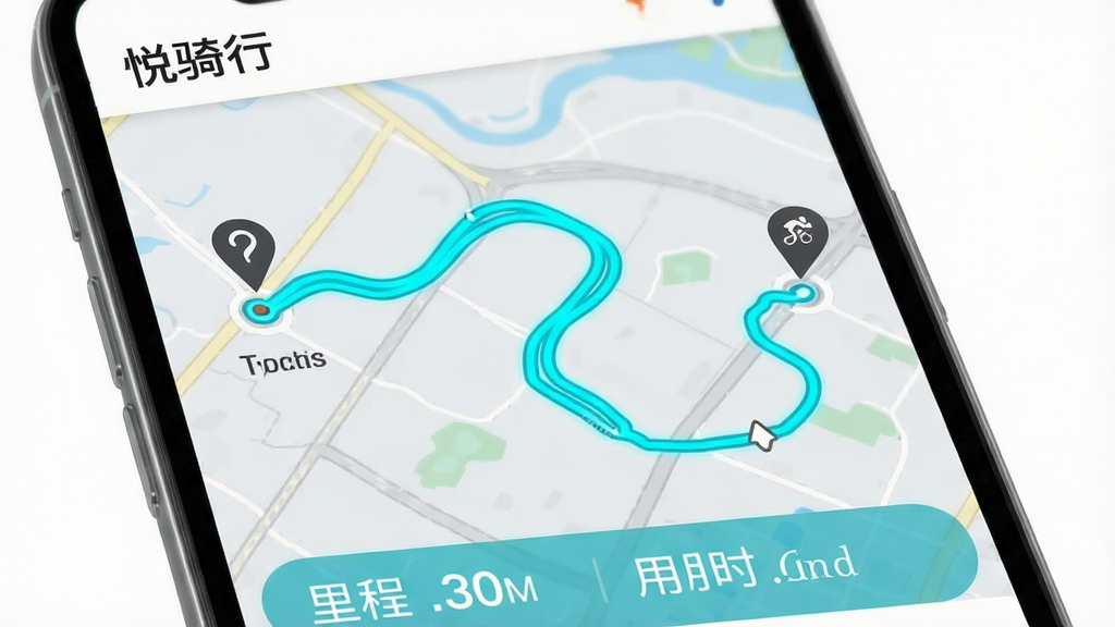 手机界面展示一条蜿蜒的骑行路线轨迹图,地图上有起点与终点标记,路线用亮青色线条绘制,背景为浅灰底图,屏幕底部有里程与用时数据条,画面风格清爽干净,上方显示“悦骑行”应用名称,排版简洁,画质清晰,无多余元素