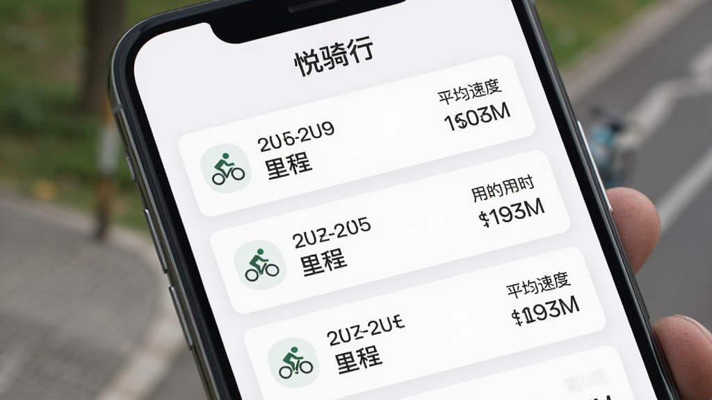手机屏幕展示骑行历史记录列表界面,每条记录包含日期、里程、用时与平均速度,列表采用浅色卡片式布局,左侧有小图标标识,界面风格简约商务,顶部有“悦骑行”标题,整体排版整齐,画质清晰,无多余元素