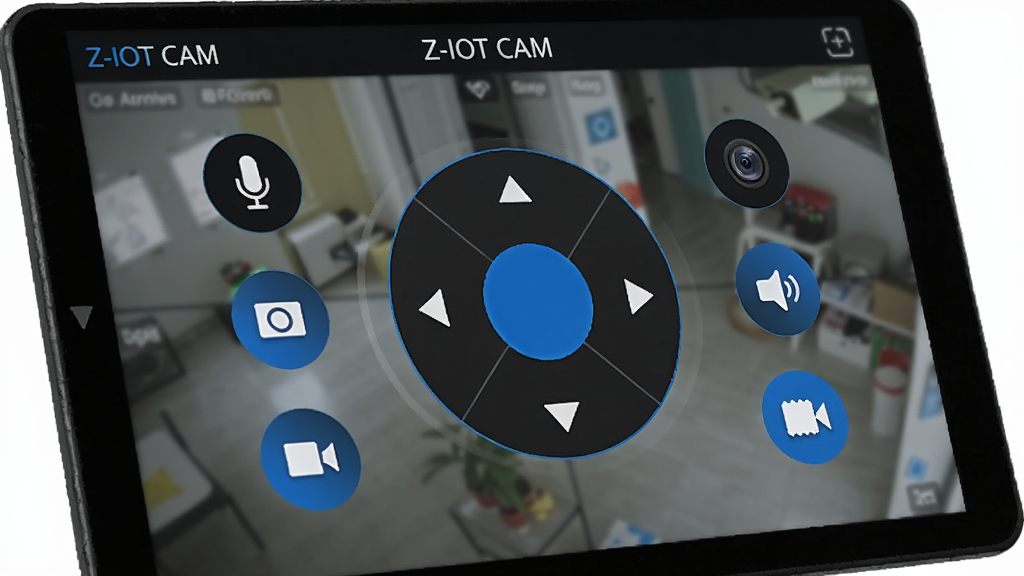 “Z-IOT CAM”应用内的云台控制界面特写,屏幕中央是圆形方向控制盘,四周环绕着麦克风、喇叭、截图、录像等功能图标,背景是虚化的监控画面,整体采用深色主题搭配蓝色高亮按钮,布局整洁,画质清晰,无多余装饰