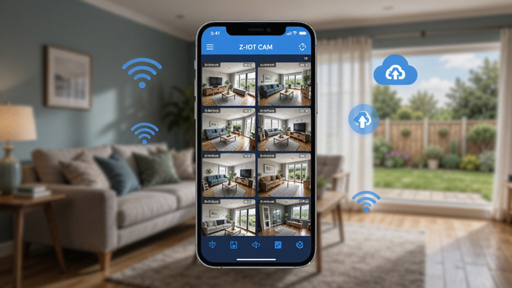 画面中央展示一部智能手机,屏幕上运行着“Z-IOT CAM”应用界面,界面内呈现多个监控画面网格,背景是温馨的家庭客厅与户外庭院场景,周围漂浮着WiFi信号图标和云存储符号,整体采用深蓝与科技蓝配色,扁平化UI风格,细节清晰,画质干净,无多余元素
