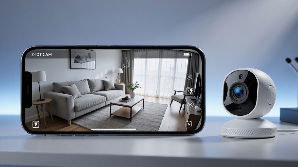 一部手机横屏显示“Z-IOT CAM”实时监控画面,画面中是一个明亮的客厅,沙发和茶几清晰可见,手机旁边放着一台小型WiFi摄像头,背景是简洁的桌面,科技感光线从侧面打来,整体风格干净现代,画质细腻,无杂乱元素