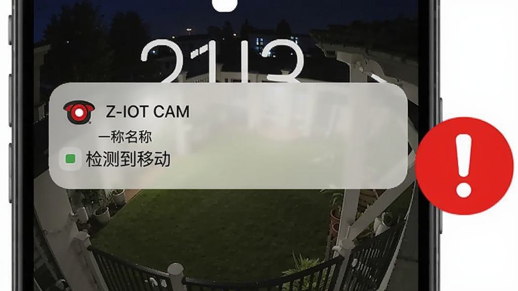 手机锁屏界面弹出“Z-IOT CAM”移动侦测告警通知,通知卡片上显示摄像头名称和“检测到移动”字样,背景是夜晚的庭院监控画面,手机旁边有一个红色感叹号图标,整体风格简洁醒目,画质干净,无多余元素