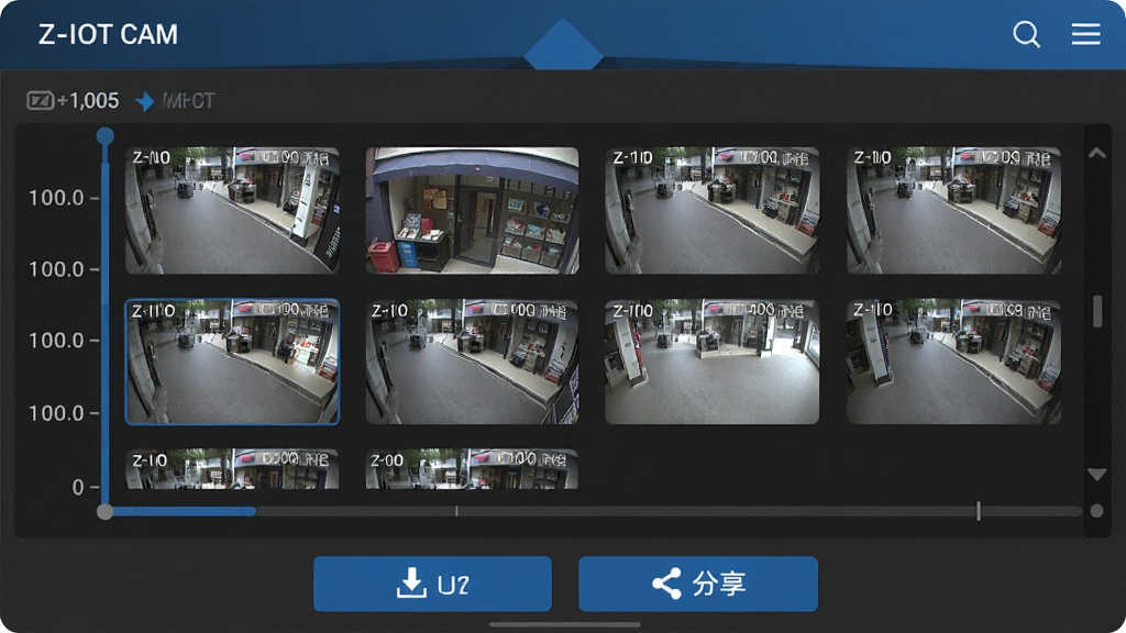 “Z-IOT CAM”录像回放界面,屏幕显示时间轴和多个录像片段缩略图,画面中是一个店铺门口的监控视角,界面底部有下载和分享按钮,整体采用深灰与蓝色搭配,布局清晰,画质干净,无多余元素