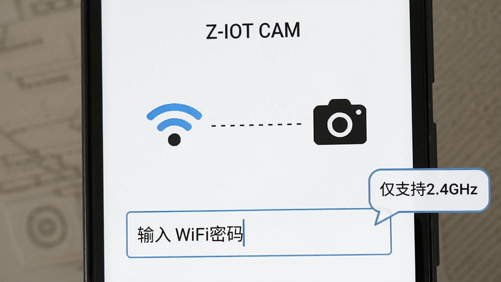 一部安卓手机显示“Z-IOT CAM”设备添加界面,屏幕上有一个WiFi信号图标和摄像头图标,中间用虚线连接,下方有“输入WiFi密码”的输入框,旁边有一个提示气泡写着“仅支持2.4GHz”,整体风格简洁明快,画质干净,无多余元素