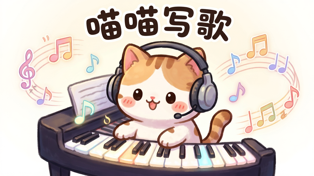 画面主体是一个可爱的卡通猫咪戴着耳机坐在钢琴前,面前悬浮着发光的音符和自动生成的乐谱线条;布局采用中心构图,猫咪位于画面正中,乐谱环绕四周;风格为Q版手绘插画,色彩柔和明亮,细节包括音符跳动、琴键发光;画质高清,干净无杂乱元素,图片上方用圆润字体写着“喵喵写歌”。