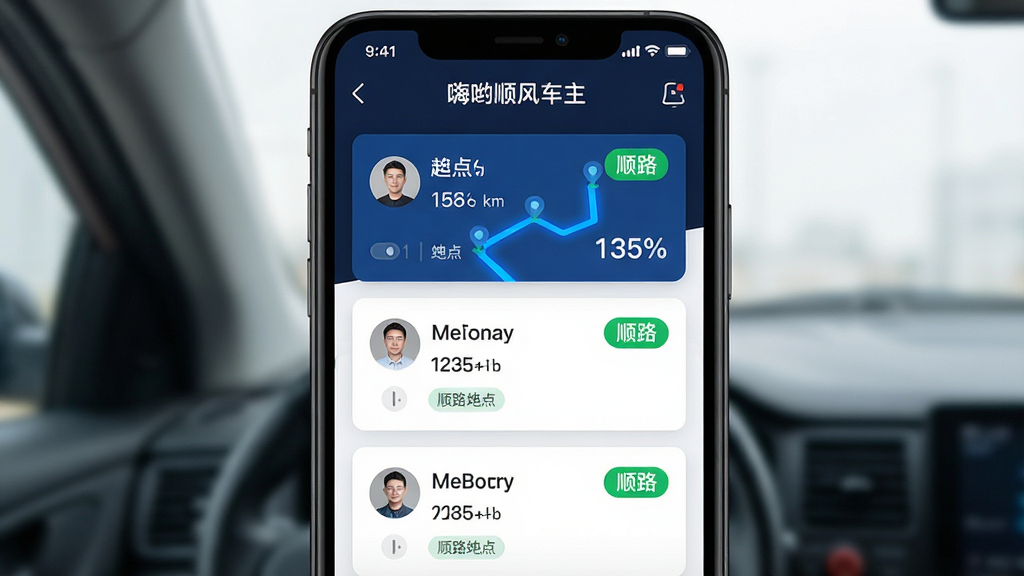 一张AI生成的图片,画面主体为“嗨哟顺风车主”应用中的智能匹配界面,屏幕中央显示多条顺路订单以卡片形式排列,卡片上标注起点终点与顺路百分比。布局采用手机竖屏展示,排版简洁,风格为现代科技感,细节包含蓝色高亮路线、绿色顺路标签、车主头像。画质高清,干净,无多余元素。