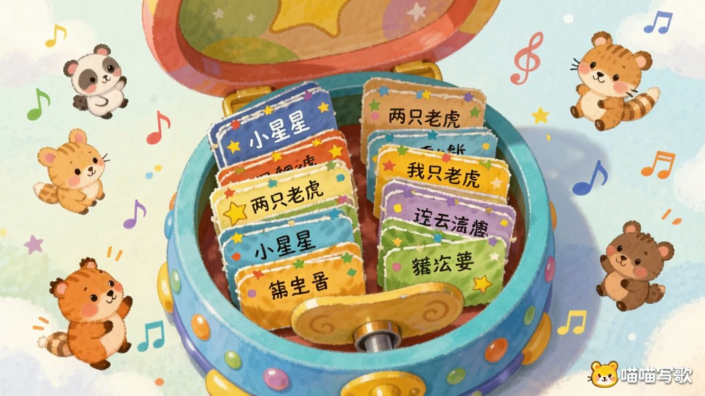 画面展示一个打开的彩色音乐盒,盒内分层排列着写有不同儿歌名称的卡片,如“小星星”“两只老虎”等;音乐盒周围漂浮着卡通动物和音符;布局采用俯视微距视角,风格为童话绘本风,细节丰富,画质清晰,图片右下角带有“喵喵写歌”小字水印。