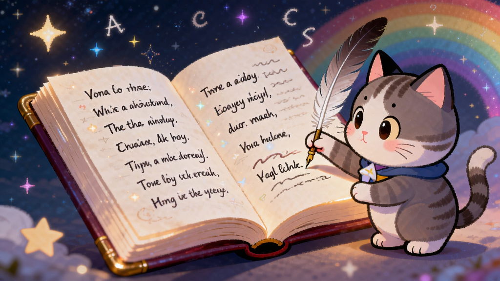 画面中央是一本发光的魔法歌词本,页面上文字自动浮现并排列成押韵的句子,旁边有一只卡通猫咪拿着羽毛笔在书写;背景是星空与彩虹;布局采用对角线构图,风格为梦幻童话插画,细节包括闪烁的星星和飘浮的字母;画质细腻,干净无多余元素。
