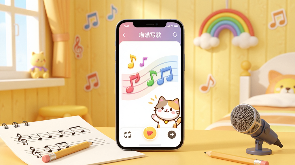 画面中央摆放着一部智能手机,手机屏幕亮起显示“喵喵写歌”软件的创作界面,界面中有彩色音符和卡通猫咪形象,手机周围散落着五线谱本、铅笔和一个小巧的麦克风;背景是温暖明亮的淡黄色儿童房,墙上有音符贴纸和彩虹挂饰;整体风格为清新卡通3D渲染,细节丰富,画质清晰干净,无多余元素。