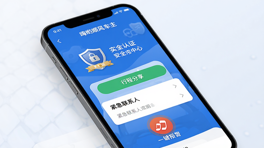 一张AI生成的图片,画面主体为“嗨哟顺风车主”应用的安全中心页面,手机屏幕中显示实名认证徽章、行程分享按钮、紧急联系人列表与一键报警图标。布局为手机界面展示,排版整齐,风格为安全可靠的蓝色调,细节包含盾牌图标、加密锁标识、绿色安全提示。画质高清,干净,无多余元素。