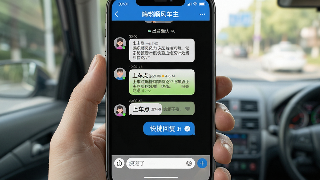 一张AI生成的图片,画面主体为“嗨哟顺风车主”应用内聊天界面,手机屏幕显示车主与乘客的对话气泡,内容包含出发确认、上车点描述与快捷回复按钮。布局为手机竖屏,排版清晰,风格为简洁社交风,细节包含头像、时间戳、输入框。画质高清,干净,无多余元素。