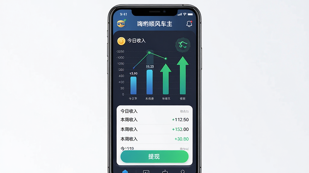 一张AI生成的图片,画面主体为“嗨哟顺风车主”应用的收益统计页面,手机屏幕显示柱状图与收入明细列表,包含今日收入、本周收入、提现按钮。布局为手机竖屏,排版规整,风格为金融数据风,细节包含金币图标、绿色上涨箭头、数字高亮。画质高清,干净,无多余元素。