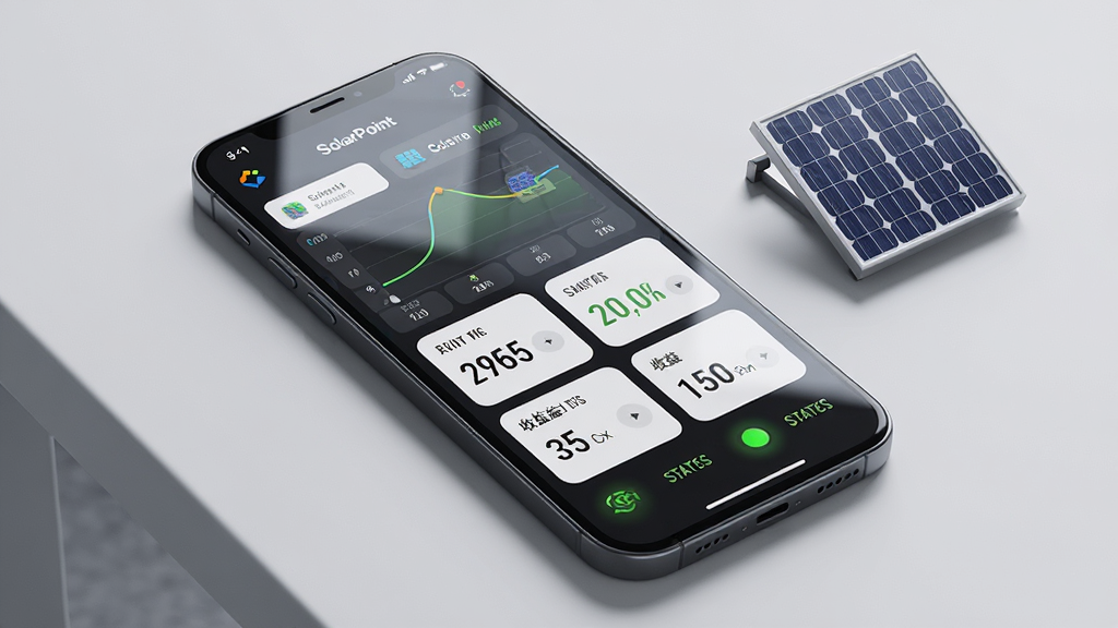 һ��չʾ�����ֻ���Ļ��ͼƬ����Ļ����ʾ��SolarPointӦ�õ������Ǳ��̣���������巢������ͼ��ʵʱ�������֡�����ͳ�ƿ�Ƭ��״ָ̬ʾ�ơ���������ִ��Ƽ���񣬱���Ϊǳ��ɫ�ɾ����棬�ֻ�����΢��б�Ƕȷ��ã��Ա���һ��̫���ܵ�ذ��С��ģ�͡����岼�ּ���������Ű���У����Ϊдʵ��Ʒ��Ⱦ��ϸ�ڰ�����Ļ���⡢��ť��Ӱ��ͼ���ʸУ�����Ϊ����4K���ɾ��޶���Ԫ�ء�