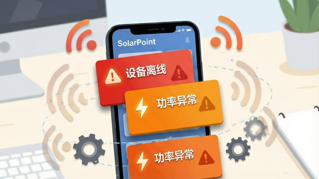 һ��չʾSolarPoint�����澯���ܵ�ͼƬ������������һ���ֻ�����Ļ�ϵ�����ɫ���ɫ�澯��Ƭ����Ƭ��д�С��豸���ߡ����������쳣�����������ֻ���Χ�������źŲ���ͼ��ͳ���ͼ�ꡣ����Ϊǳɫ�칫���棬���Ϊ��ƽ���廭��ϸ�ڰ�����Ƭ��Ӱ��ͼ�����������Ϊ���壬�ɾ����ࡣ