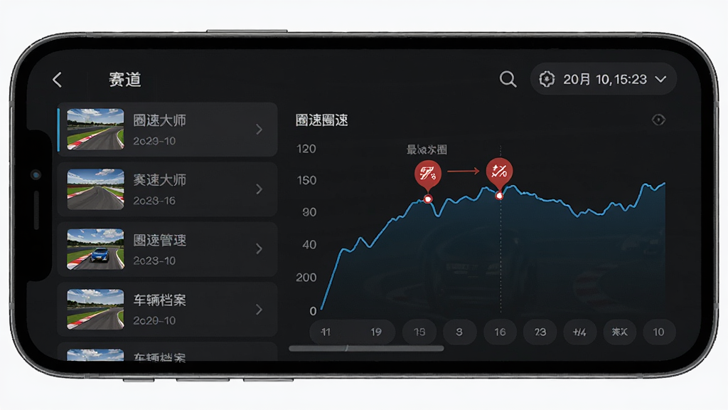 手机屏幕展示圈速大师的赛道数据管理页面,页面中有赛道列表、圈速曲线图和车辆档案标签,背景为深色UI风格,细节包括折线图上的最快圈标记、赛道缩略图与日期筛选按钮,画质高清,干净,无多余元素