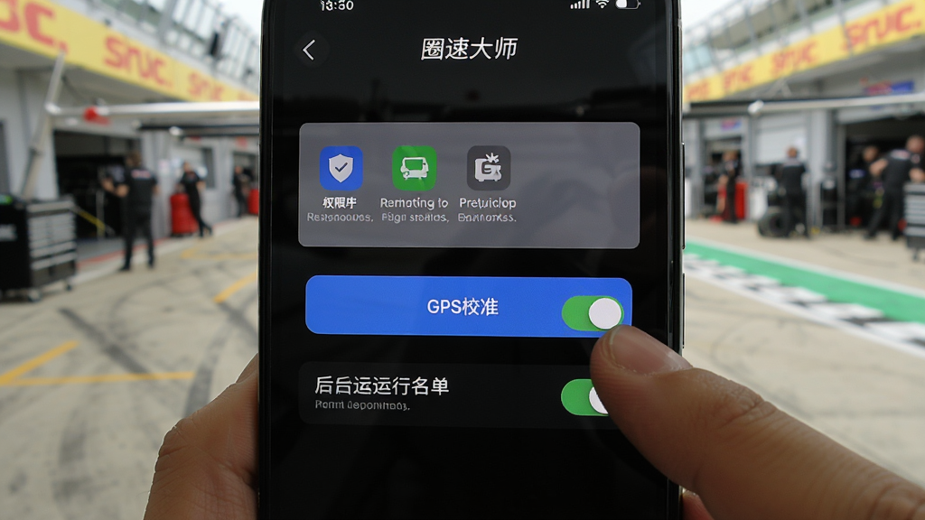 手机屏幕显示圈速大师的设置页面,页面中有权限管理选项、GPS校准按钮和后台运行白名单开关,背景为赛道维修区,风格为实用教程截图风,细节包括手指点击开关的动作、权限图标和提示文字,画质清晰,干净,无多余元素