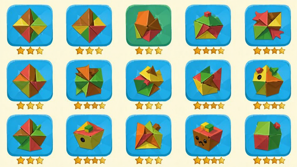 AR神奇七巧板游戏关卡选择界面的截图,主体是排列整齐的关卡图标,图标展示七巧板拼成的各种物品剪影,布局为网格状排列,排版清晰有序,风格为扁平化卡通设计,细节包括每个图标下方带有星级评价标记,画质高清,干净,无多余元素。