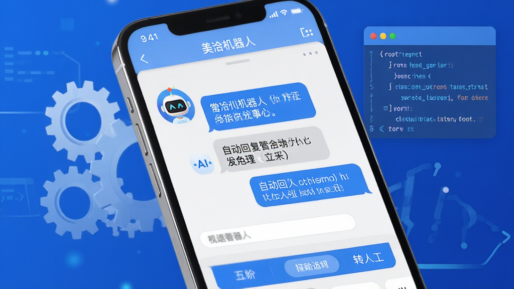 美洽智能机器人客服界面展示图,画面中一部手机屏幕显示美洽机器人对话窗口,机器人头像为可爱的AI图标,对话气泡中显示常见问题与自动回复内容,背景有齿轮和代码元素象征智能算法,风格现代科技,色调以蓝色和白色为主,细节包括快捷按钮和转人工选项,画质清晰,干净,无多余元素