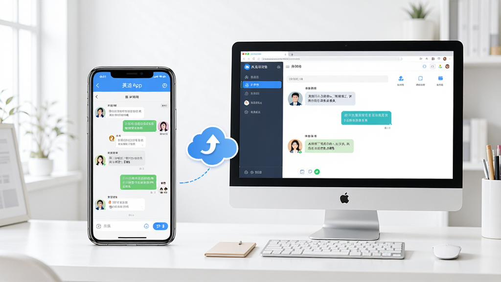 美洽移动端使用攻略示意图,画面展示一部手机和一台电脑并排摆放,手机屏幕显示美洽App聊天界面,电脑屏幕显示美洽网页版工作台,两者之间有同步箭头连接,背景为简洁的办公桌,风格清新明亮,细节包括消息气泡、客服头像、同步图标,画质清晰,干净,无多余元素