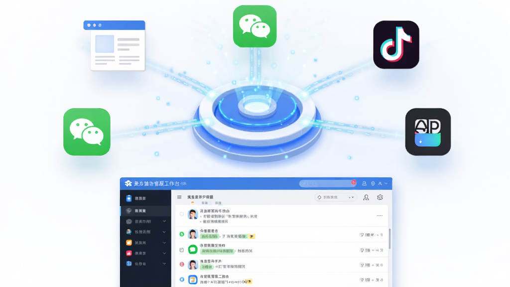 美洽全渠道消息聚合功能示意图,画面中心是一个发光的圆形枢纽,周围连接着网页、微信、抖音、App等图标,所有图标通过光线汇聚到枢纽,枢纽下方显示美洽客服工作台界面,界面中有多条对话列表,风格简洁科技,色调蓝白相间,细节清晰,画质干净,无多余元素