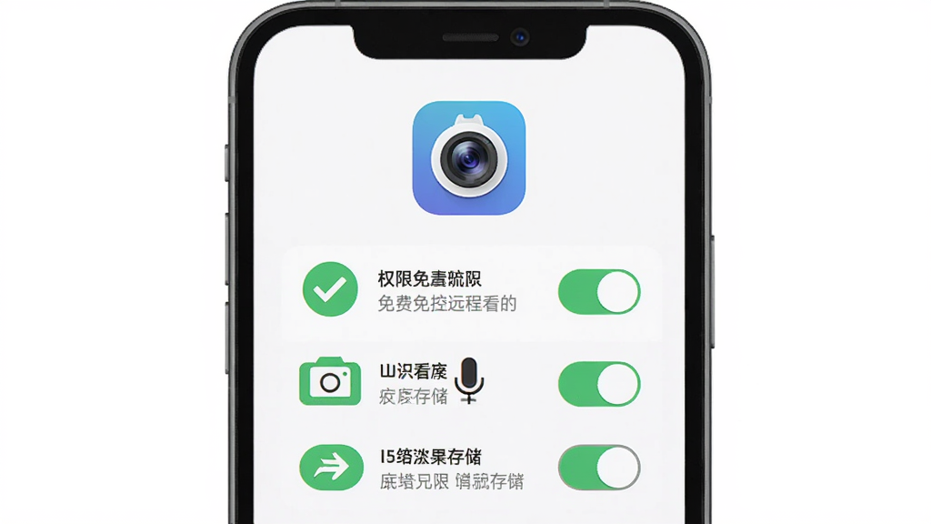 免费监控远程看家新手配置流程图,主体为手机屏幕显示权限授予界面,布局为居中展示权限列表,排版采用上下结构上方为软件图标下方为相机麦克风存储三个权限开关,风格为扁平化教程风,细节包含绿色勾选图标、权限说明文字、手机边框,画质高清干净无多余元素