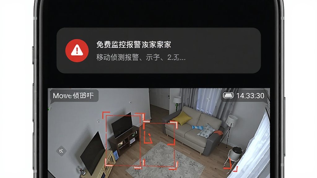 免费监控远程看家移动侦测报警功能示意图,主体为手机屏幕弹出报警通知,布局为通知弹窗位于屏幕上方监控画面位于下方,排版采用上下分层结构,风格为警示科技风,细节包含红色报警图标、移动侦测框、时间戳、推送消息气泡,画质高清干净无多余元素