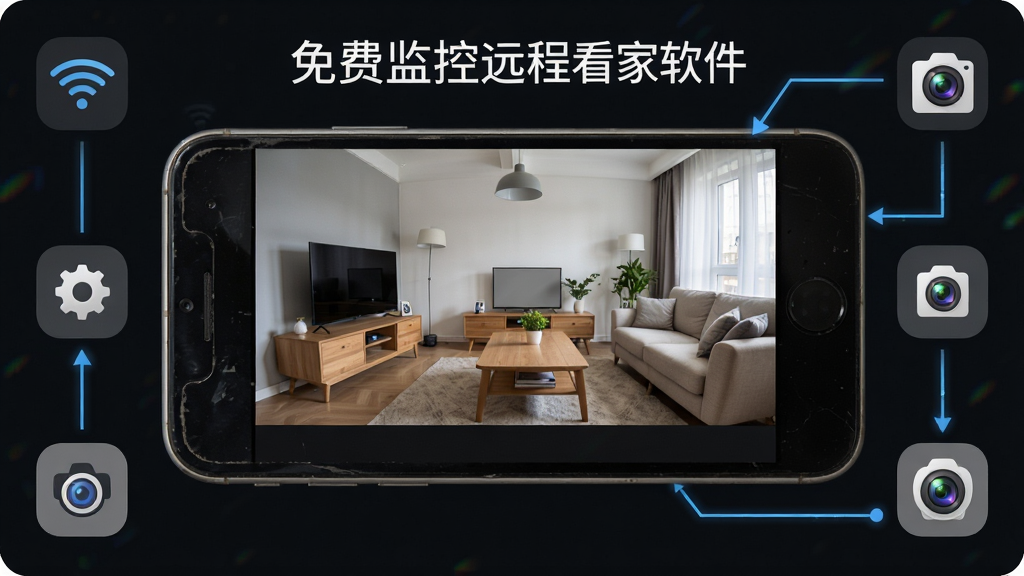 免费监控远程看家软件主界面展示,主体为一部旧手机横屏放置作为监控端,画面中显示客厅实时监控画面,布局为手机屏幕居中,四周有简洁的功能图标环绕,排版采用上下结构上方为软件名称下方为监控预览,风格为科技感简约风,细节包含Wi-Fi信号图标、摄像头镜头元素、远程连接线条,画质高清干净无多余元素