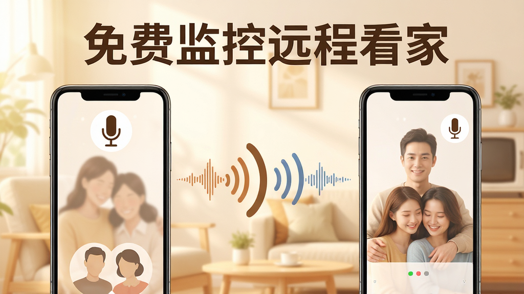 免费监控远程看家双向语音对讲功能展示图,主体为两部手机面对面放置中间有语音波纹连接,布局为左右对称结构左侧为采集端右侧为查看端,排版采用横向并列布局上方显示“免费监控远程看家”文字,风格为温暖家庭科技风,细节包含麦克风图标、声波纹理、家庭成员头像剪影,画质高清干净无多余元素